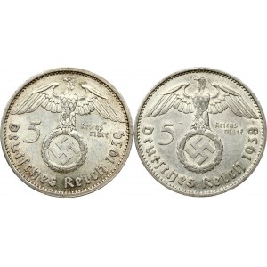 Germany Third Reich 5 Reichsmark 1938 F & 1939 A Hindenburg Lot of 2 Coins
