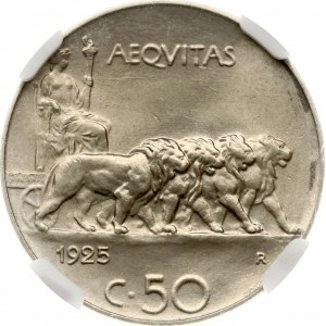 Italy 50 Centesimi 1925 R NGC MS 66+