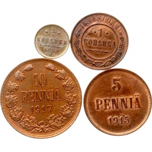 Russia 1/4 Kopeck - 10 Pennia 1899-1917 Lot of 4 coins