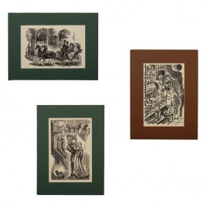Edmund Bartłomiejczyk (1885 - 1950), Janina Konarska (1900 - 1975), Zofia Fijalkowska (1909 - 1989), Zestaw 3 drzeworytów: U Wedla, 1938| Na spacerze, 1938| Przejażdżka dorożką, 1938