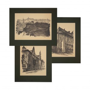 Jan Kanty Gumowski (1883-1946), Zestaw 3 litografii: 1. Kraków - widok od południa 2. Gmach Collegium Maius w Krakowie 3. Dziedziniec Zamku królewskiego na Wawelu