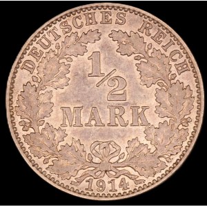 Germany. Empire 1/2 Mark 1914 J Hamburg Silver