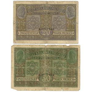 20, 50 marek polskich 1916 - jenerał - seria A - zestaw 2 sztuk