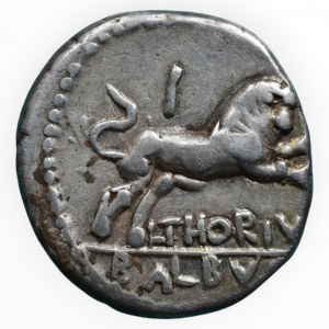 L.Thorius Balbus, 105 př.Kr., AR denár, Hlava Juno Sospity, náp.I.S.M.R. / býk ve skoku, náp. L.THORIVS.BALBVS, 3.87g