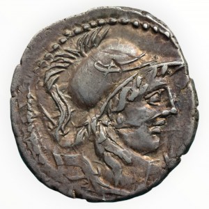 Gnaeus Cornelius Lentulus 88 př. Kr., AR denár, Mars v korintské přílbě / Viktorie v bize. V ex. CN.LENTVL, 3.64g