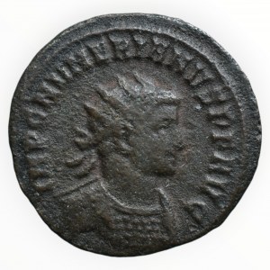 Numerianus 283-284, AE antoninian, VIRTVS AVGG. Numerian přijmá Viktorii od Jupitera