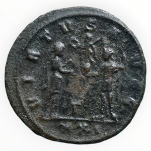 Numerianus 283-284, AE antoninian, VIRTVS AVGG. Numerian přijmá Viktorii od Jupitera