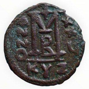 Justinian I. 527-565, AE follis (40 nummia), poprsí císaře/ velké M s opisem, minc. Cyzicus, Sear 207, dr.kor.