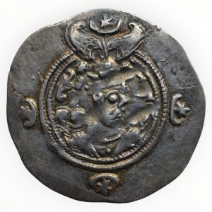Persie - Sasánovci. Chusro II. 590-628, AR drachma , Poprsí panovníka / Posvátný ohňový oltář
