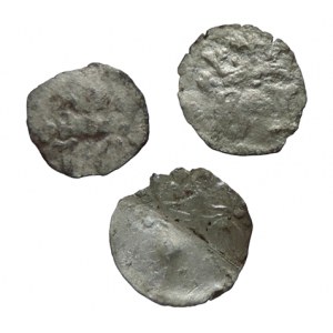 Jošt, markrabě moravský 1375-1411, haléř s korunovaným IO/kříž s gotickou majuskulou M, ned., exc. + haléř, chyboražba s korunovaným OI/kříž s y + haléř s korunovaným IO/kříž s x, silně nedor., napr. 3ks R