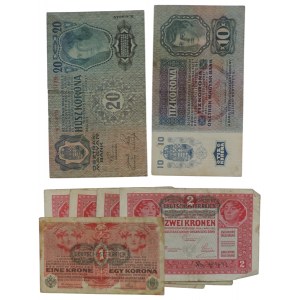 RU, 10 K 1915 844415 + RU 20 K 1913 natržená + Deutschösterreich, 1 Kor 1916 s přetiskem + Deutschösterreich, 2 Kor 1916 s přetiskem 4ks