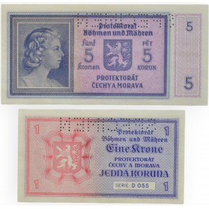 Protektorát Č+M, 5 K bez data (1940) B 005, 1 K bez data (1940) D 055