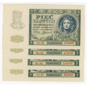 GG, 5 złotych 1941 AE - zestaw 4 egzemplarzy z jednej paczki bankowej (219)