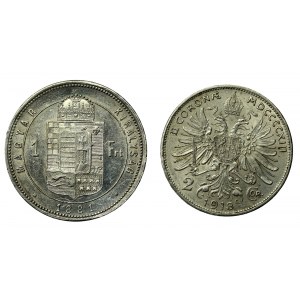 Ungarn, Österreich, Franz Joseph I., Satz, 1 Forint 1881 und 2 Kronen 1913 (570)