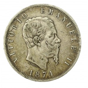 Włochy, Wiktor Emanuel II, 5 lirów 1874 M, Milan (1325)
