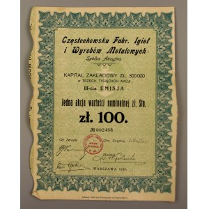 II RP, Częstochowska Fabr. Igieł i Wyrobów Metalowych, Em.3, 100 zł, 1929 (1284)