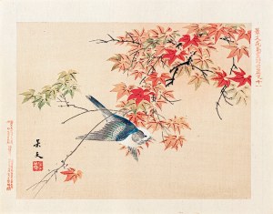 Matsumura Keibun (1779 - 1843, Kyōto), Błękitny ptaszek i jesienne liście, Osaka, 1892
