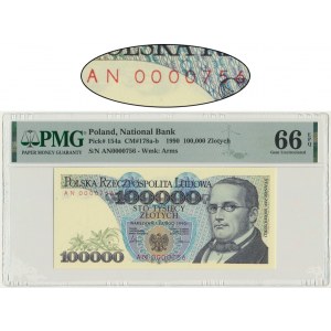 100.000 złotych 1990 - AN - PMG 66 EPQ - niski numer seryjny