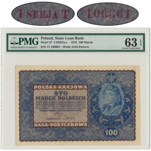 100 marek 1919 - I Serja T - PMG 63 EPQ - rzadszy wariant