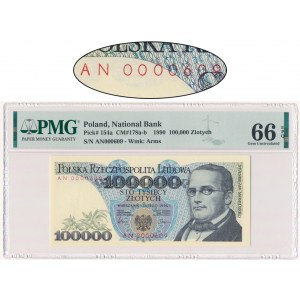 100.000 złotych 1990 - AN - PMG 66 EPQ - niski numer seryjny