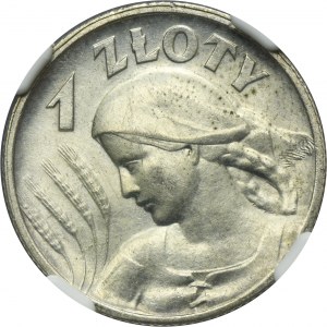 Kobieta i kłosy, 1 złoty Londyn 1925 - NGC UNC DETAILS - kropka po dacie