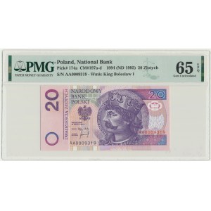 20 złotych 1994 - AA 0009319 - PMG 65 EPQ - niski numer seryjny
