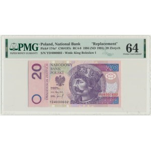 20 złotych 1994 - YD - PMG 64 - seria zastępcza
