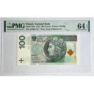 100 złotych 2012 - AZ 0001187 - PMG 64 EPQ - niski numer seryjny