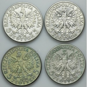 Zestaw, Głowa kobiety, 5 złotych 1932-1934 (4 szt.)