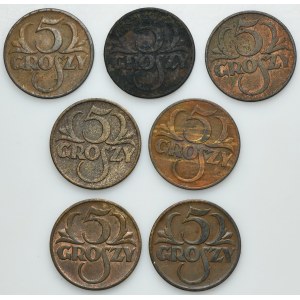 Zestaw, 5 groszy 1923-1939 (7 szt.)