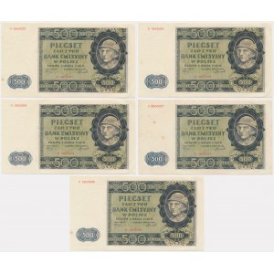 Zestaw, 500 złotych 1940 - B - (5 szt.) - w tym i numery kolejne