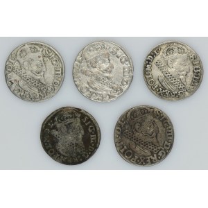 Lot, Sigismund III Vasa, 3 Groschen Krakau 1622-1624 (5 pcs.)