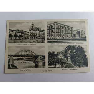 POSTCARD RZESZOW TOWN HALL SKE KOŚCIUSZKO MONUMENT, YACHOWICZ AND DUCHIŃSKA COMMON SCHOOLS, BRIDGE ON WISLOK RIVER MICKIEWICZ MONUMENT, PRE-WAR