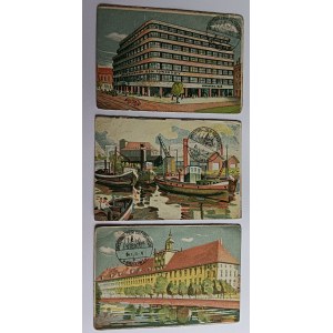ZESTAW 3 POCZTÓWEK WROCŁAW, POWSZECHNY DOM TOWAROWY, PORT NA ODRZE, MOST GRUNWALDZKI, DOLNOŚL SPÓŁDZ FOTOTECHNIKA, MALARSTWO SOKOŁOWSKI