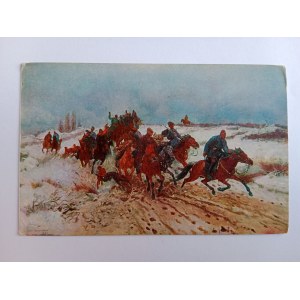 POSTCARD POLISH PAINTING CHEŁMOŃSKI HUNTING TRIP PRE-WAR