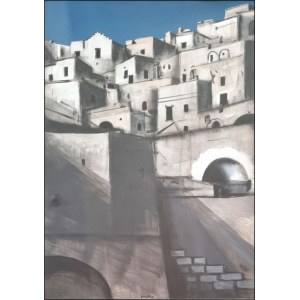 PUGLIESE ENOTRIO Buenos Aires 1920 - Pizzo 1989 "Maisons de Calabre" Tempera sur papier 70x100 cm des années 1970. Signé au recto en bas au centre. Provenance Galerie Lisi et Galerie Atrium. Authentification sur photo par Galleria Arca.