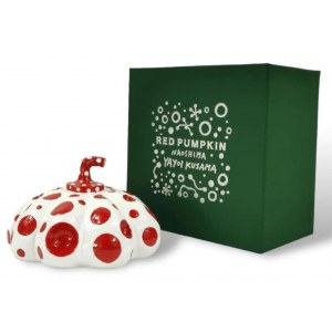 KUSAMA YAYOI Giappone 1929 &quot;Naoshima Pumpkin&quot; Scultura in resina bianca e rossa cm 14x14 (diam.). Contenuta nella sua scatola originale. Firma in stampa alla base.