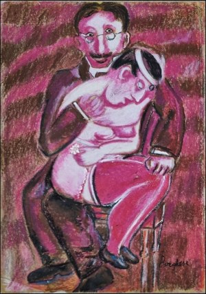 BORGHESE FRANZ Roma 1941 - 2005 "Ritratto di Pap&agrave; di un giovane gay" Disegno, tecnica mista e pastelli su carta, cm 20x30 del 1988. Firmato sul fronte in basso a destra. Sul retro dichiarazione di donazione diretta da parte dell'Artista. 