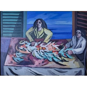 TERRUSO SAVERIO Monreale 1939 - Mediolan 2003 "Bez tytułu" Olej na płycie 80x60 cm, 1989. Podpisany z przodu w prawym dolnym rogu i na odwrocie. Uwierzytelnienie na zdjęciu przez artystę.