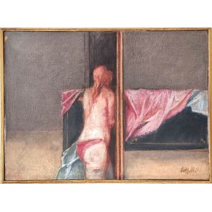 CAPPELLI GIOVANNI Cesena 1923 - Milan 1994 "Interno" Huile sur toile 35x25 cm, 1981. Signée au recto en bas à droite. Au verso, titre, signature, date et cachet de la Galleria Palmieri. Authentification sur photo par Paolo Silvestri.