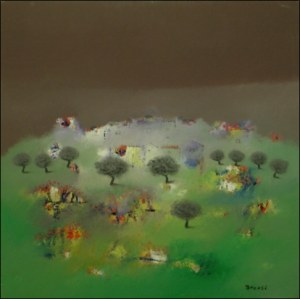 BACOSI MANLIO Pérouse 1921 - 1998 "Paysage" Huile sur toile cm 100x100. Signé au recto en bas à droite et au verso. Provenance et certification par une autre galerie et maison de vente aux enchères. L'œuvre est encadrée par une baguette en bois.