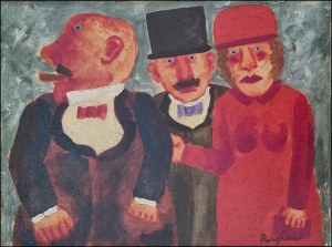 BORGHESE FRANZ Roma 1941 - 2005 "Tre personaggi" Olio su tela cm 40x30. Firmato sul fronte in basso a destra e al verso. Certificato di autenticit&agrave; e archiviazione su foto a cura dello Studio Franz Borghese Santerasmo.