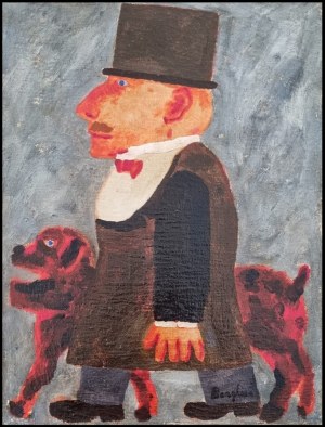 BORGHESE FRANZ Roma 1941 - 2005 "Personaggio con cane" Olio su tela cm 30x40. Firmato sul fronte in basso a destra, e sul retro. Certificato di autenticit&agrave; e archiviazione su foto a cura dello Studio Franz Borghese Santerasmo.