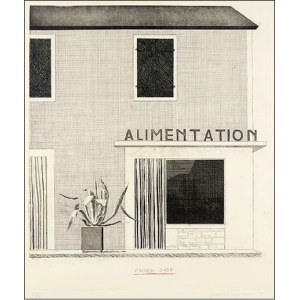 HOCKNEY DAVID Regno Unito 1937 &quot;Alimentation&quot; Acquaforte acquatinta cm 45x53,5. Firmata sul fronte in basso a destra, tiratura a sinistra.