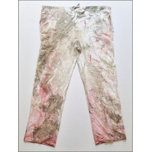 NITSCH HERMANN Vienna 1938 - Austria 2022 "Senza titolo" Tecnica mista su jeans applicato su cartone cm 90x120, del 1982. Sul retro firma, data, galleria di provenienza e timbro di O.M. Theather Hermann Nitsch.