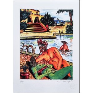 SAUVAGE MAX HAMLET Gallipoli 1950 &quot;Eros party&quot; Litografia su cartoncino cm 32x44 del 2019. Firma, data e timbro a secco sul fronte in basso a destra, tiratura 8/50 a sinistra.