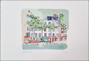 TAMBURI ORFEO Jesi 1910 - Parigi 1994 "Senza titolo" Incisione serigrafica acquerellata a mano, su carta pregiata, cm 50x35, pezzo unico. Firmata sul fronte in basso a destra, dicitura "ritoccata a mano" a sinistra.