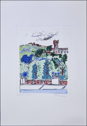 TAMBURI ORFEO Jesi 1910 - Parigi 1994 "Senza titolo" Incisione serigrafica acquerellata a mano, su carta pregiata, cm 35x50, pezzo unico. Firmata sul fronte in basso a destra, dicitura "ritoccata a mano" a sinistra.