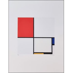 MONDRIAN PIET Holandsko 1872 - New York 1944 "Bez názvu" Ofsetová litografia reprodukcia cm 50x66. Podpis v tlači na prednej strane vpravo dole, náklad 86/200 a reliéfna pečiatka vľavo. Hologram pravosti na zadnej strane.