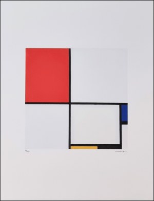 MONDRIAN PIET Paesi Bassi 1872 - New York 1944 "Senza titolo" Riproduzione litografica offset cm 50x66. Firma in stampa sul fronte in basso a destra, tiratura 86/200 e timbro a secco a sinistra. Sul retro ologramma di autenticit&agrave;.